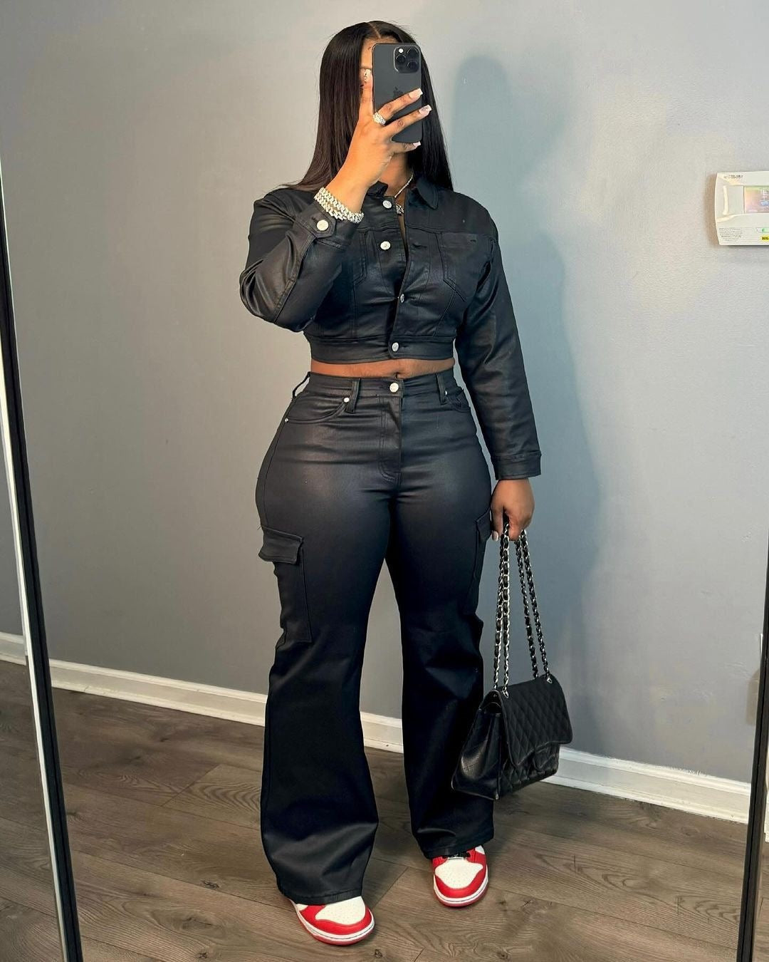 Suit-style Leather Jacket Best-selling Cardigan And Athletic Trousers Set by Ricaloux