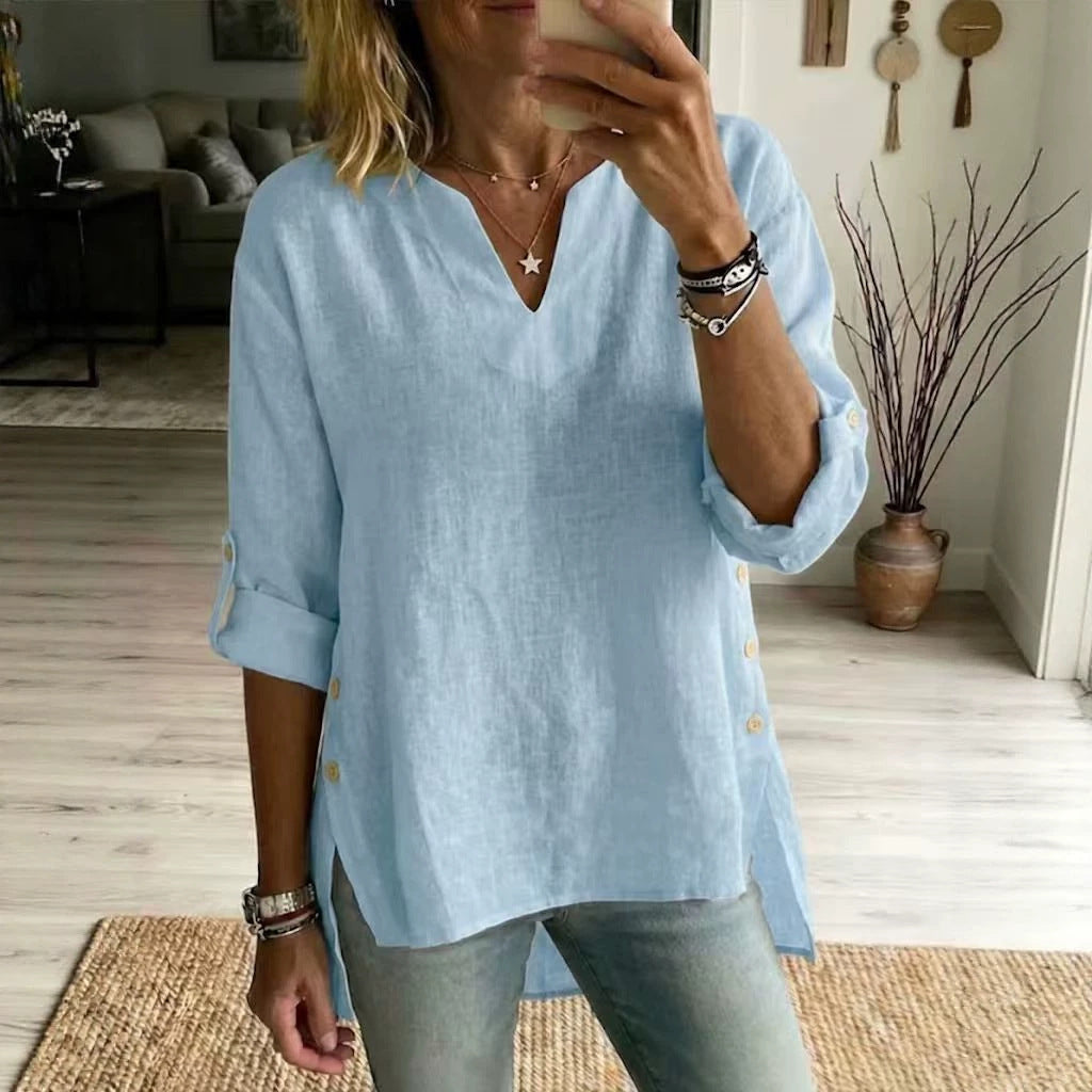 Loose Casual V-neck Three-quarter-sleeve T-shirt For Women by Ricaloux