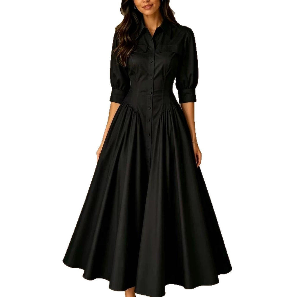 Cotton-linen Blend Single-breasted High-waisted Solid-color Dress by Ricaloux