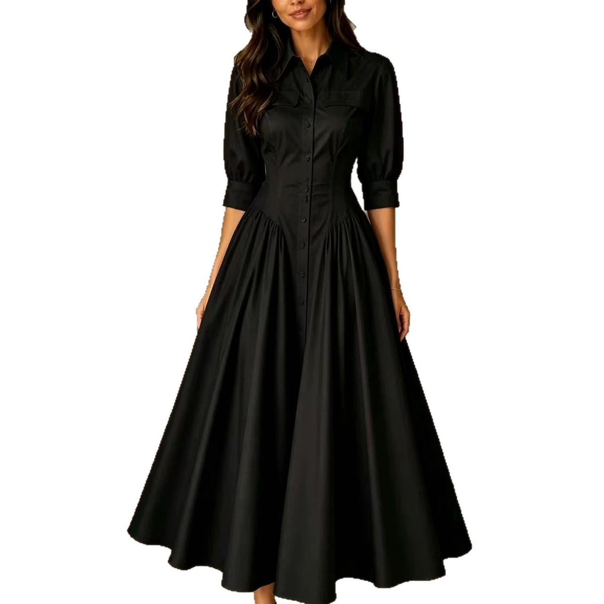 Cotton-linen Blend Single-breasted High-waisted Solid-color Dress by Ricaloux