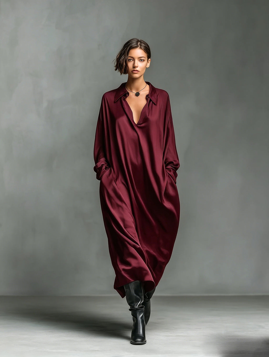 Solid-color Satin Long-sleeve Shirt Dress by Ricaloux