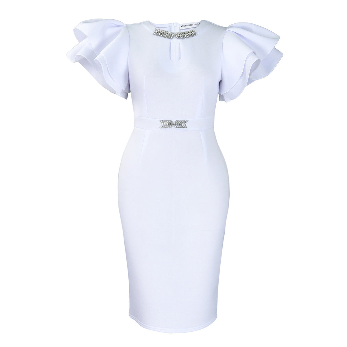 Summer Crew-neck Ruffled-sleeve Rhinestone-embellished Sheath Dress by Ricaloux
