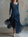Asymmetrical Ruffled Hem Casual Waist-cinching Slimming Dress With A Mock Neck And Vintage Flair by Ricaloux