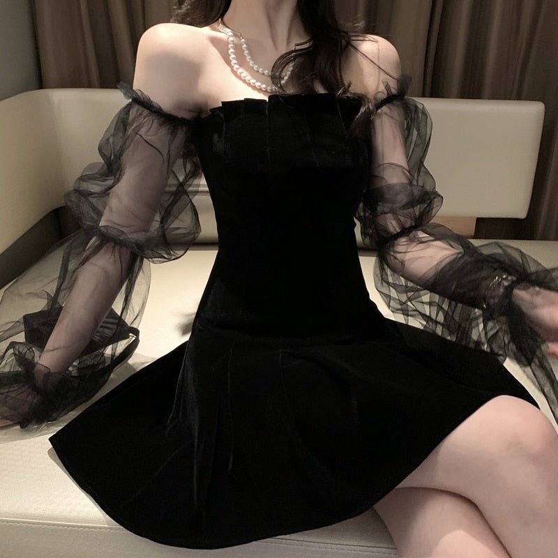 Temperament Mesh Bubble Sleeve Off Shoulder Waist Dress - RICALOUX