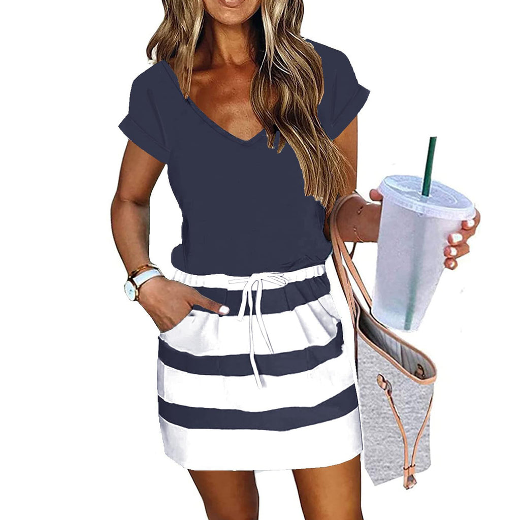 V-neck Short-sleeved Pullover Dress With Drawstring Elastic Waist And Pockets by Ricaloux