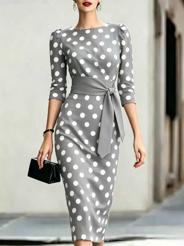 Women Elegant Black White Polka Dot Midi Dress With Waist Belt Three-Quarter Sleeve O Neck Pencil Bodycon Formal Work Office Party Dress by Ricaloux