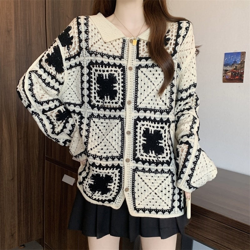 French-style Elegant Crocheted Floral Plaid Cardigan With A Lapel by Ricaloux