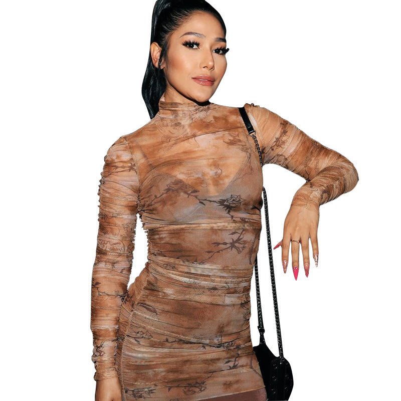 Round neck long sleeve net gauze print sexy slim dress women - RICALOUX