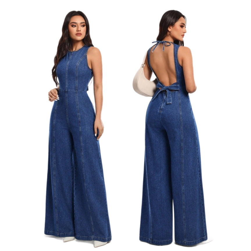 Denim Overalls Sleeveless Wide-leg Slim-fit Suspender Pants by Ricaloux