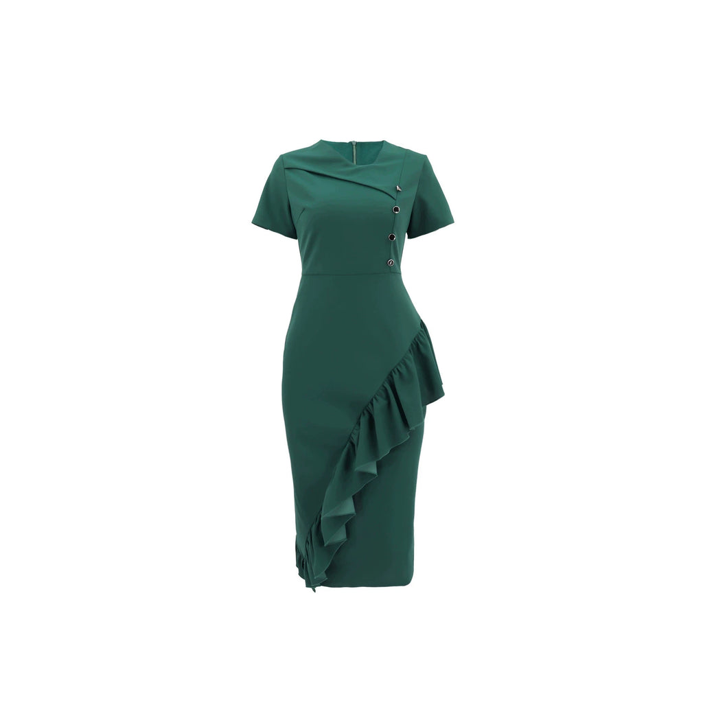 Womens Casual And Elegant Short-sleeve V-neck A-line Dress With Ruffled Hem And Buttons by Ricaloux