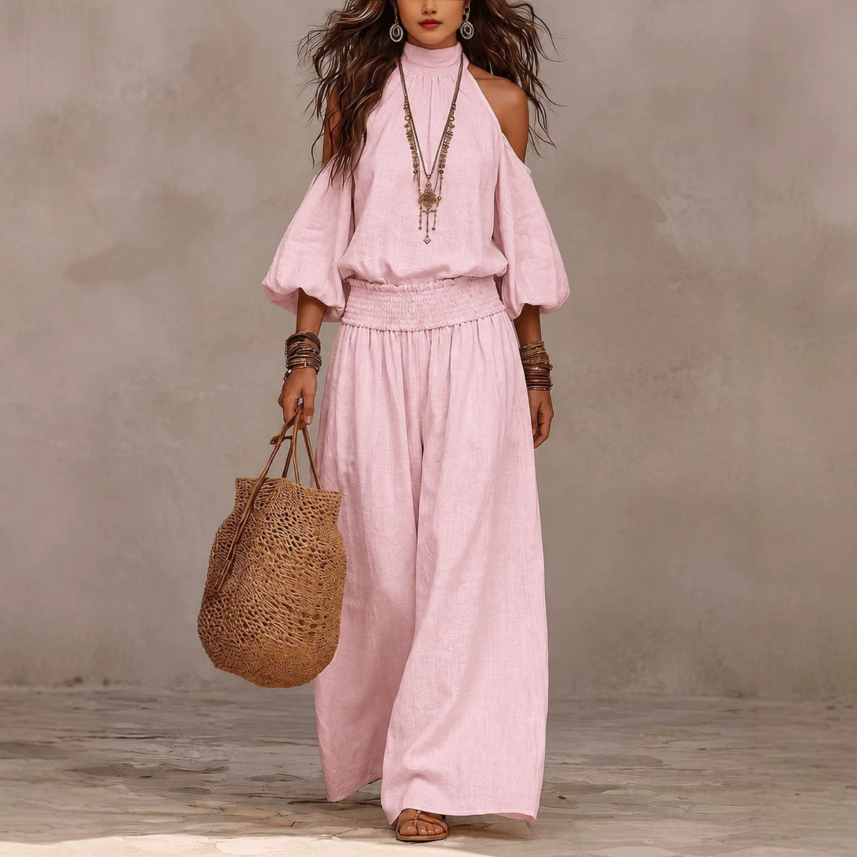 Womens Fashionable Casual Round-Neck Loose-Fit Long-Sleeve Hollow-Out Top And Pleated Pants Set – Premium 0 | RICALOUX