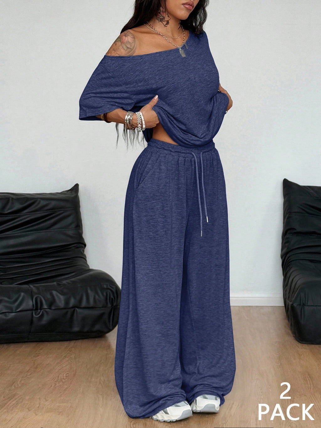 Casual 2 Pieces Set For Woman Two Piece Outfits Blusas T Shirt Tees Simple Style Homewear Loose Solid Color by Ricaloux
