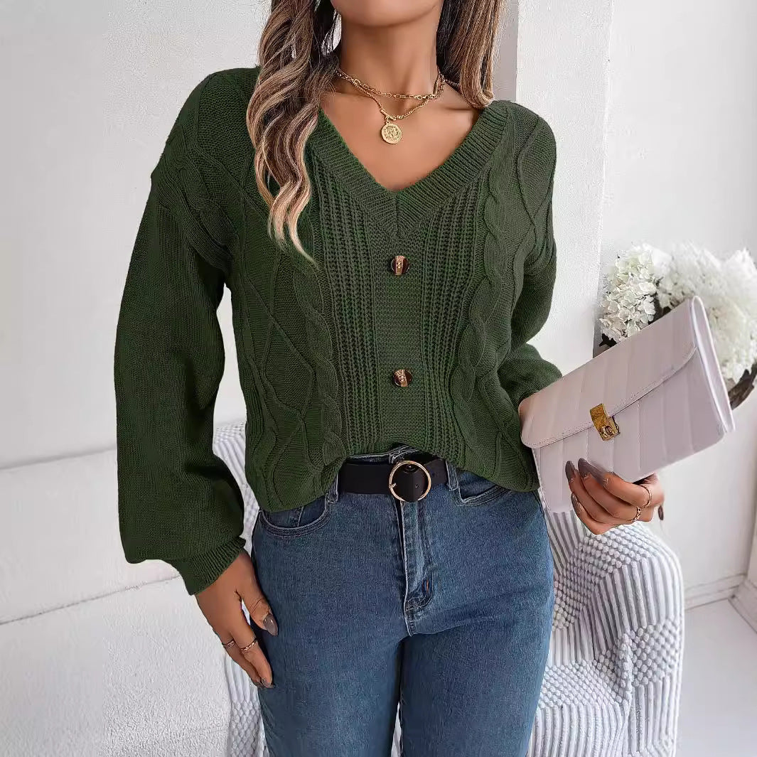 Solid-color V-neck Buttoned Cable-knit Puff-sleeve Pullover Sweater by Ricaloux