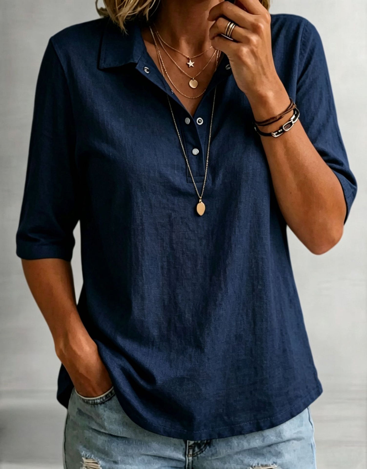 Loose-fitting Casual Mid-sleeve Lapel-collar Solid-color Shirt – Premium 0 | RICALOUX