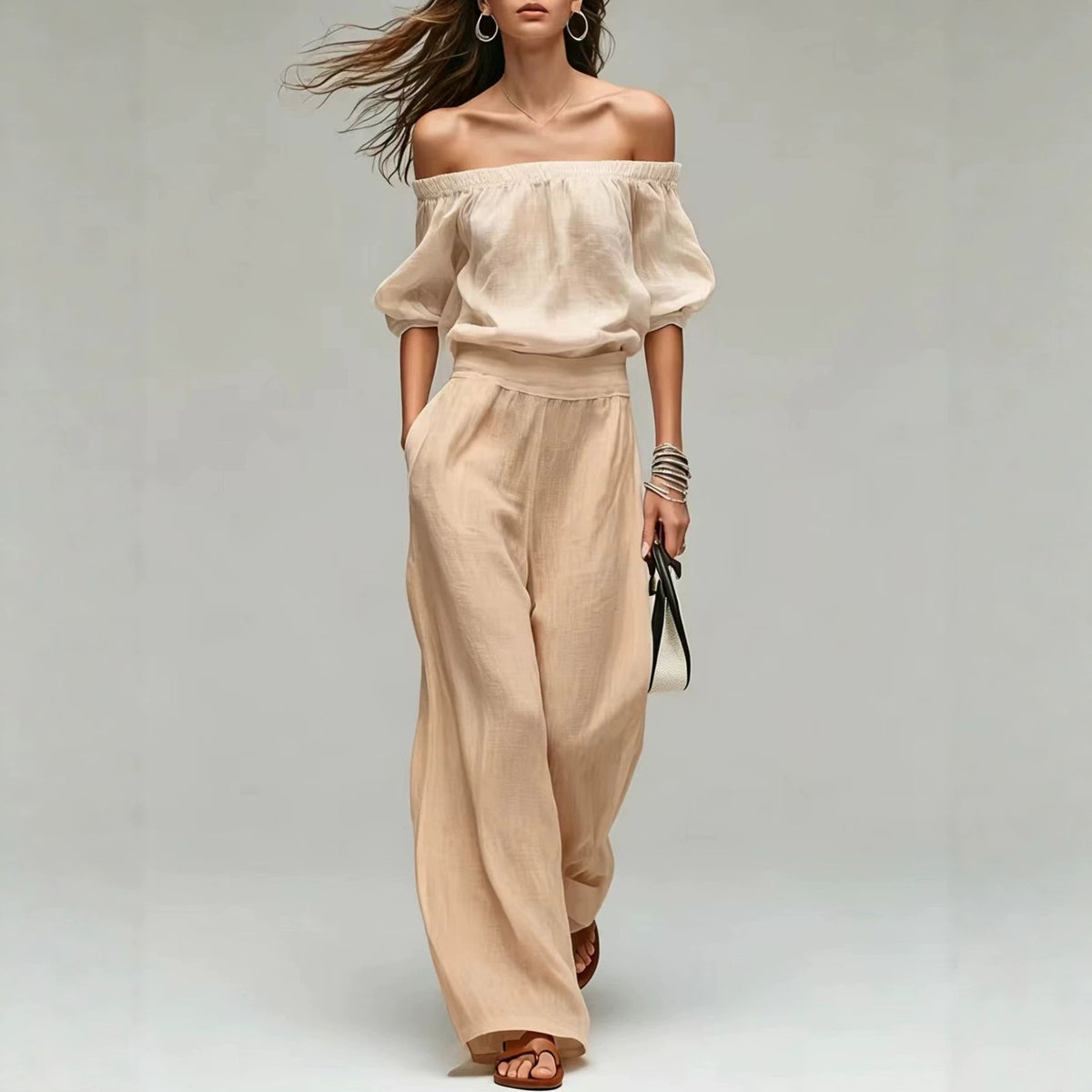Cinched-top Blouse And Linen-textured Wide-leg Pants Set – Premium 0 | RICALOUX