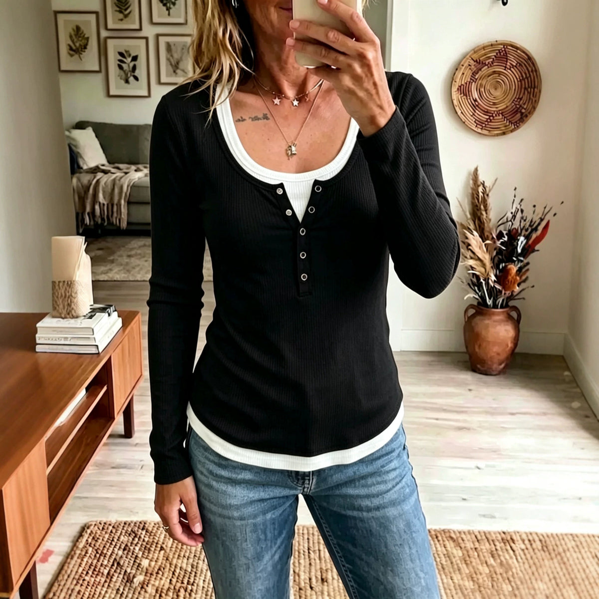 Womens Color-Block Fake Two-Piece Slim-Fit Casual Long-Sleeve T-Shirt – Premium 0 | RICALOUX