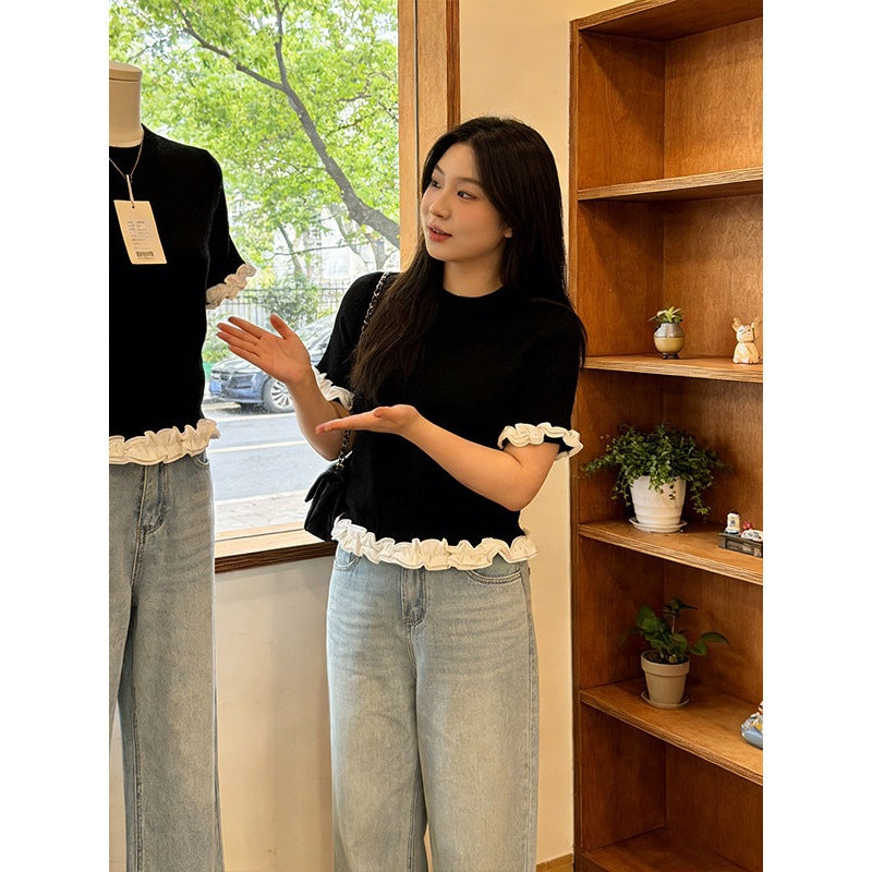 Elegant Wood Ear Trimmed Color-block Short-sleeve T-shirt by Ricaloux