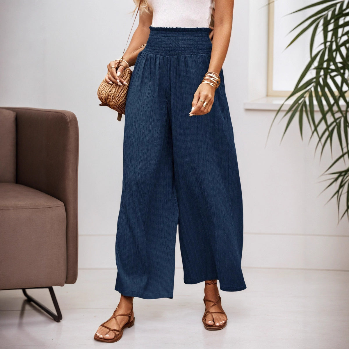 Womens Solid Color High Waisted Casual Loose Fitting Wide Leg Pants by Ricaloux