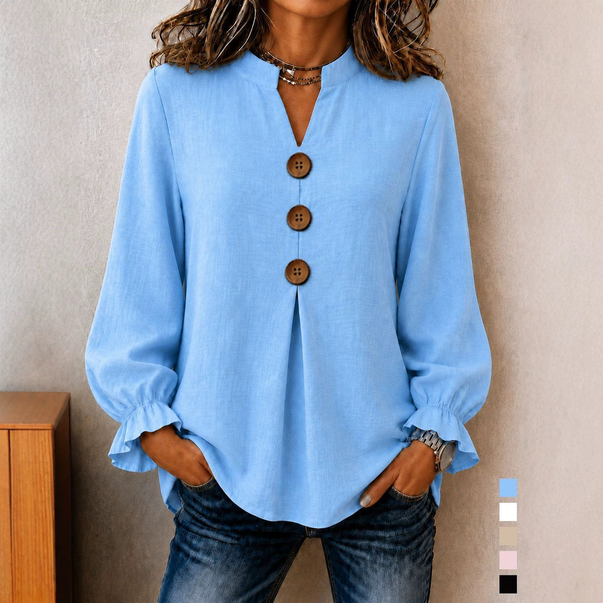 New Womens Fashion Long-sleeve V-neck Solid-color Button-up Top For Fall And Winter – Premium 0 | RICALOUX