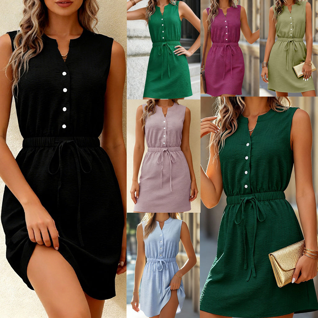 Sleeveless V-neck Elegant Office Midi Dress With A Drawstring Waist – Premium 0 | RICALOUX