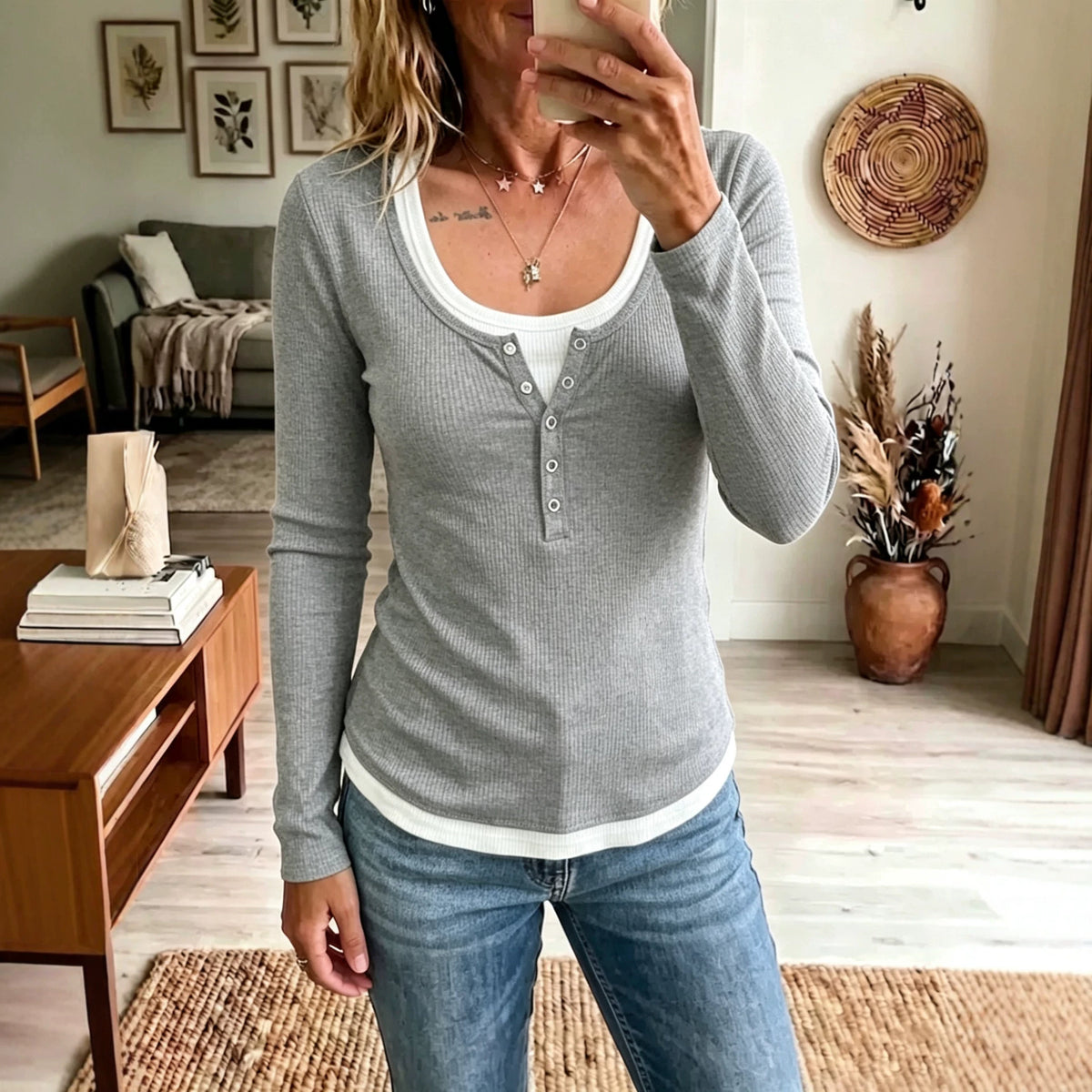 Womens Color-Block Fake Two-Piece Slim-Fit Casual Long-Sleeve T-Shirt – Premium 0 | RICALOUX