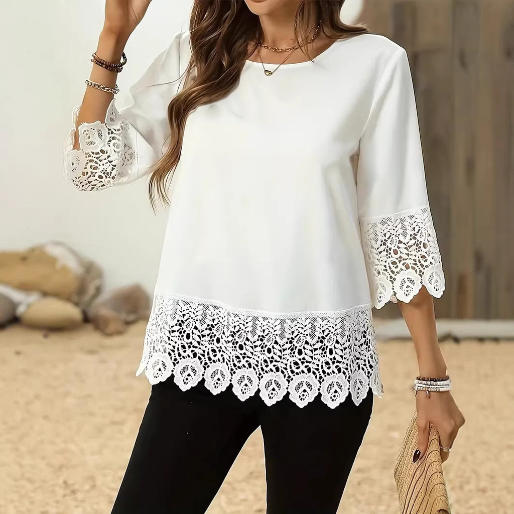 Round-neck Lace-trimmed Patchwork Minimalist Womens T-shirt by Ricaloux