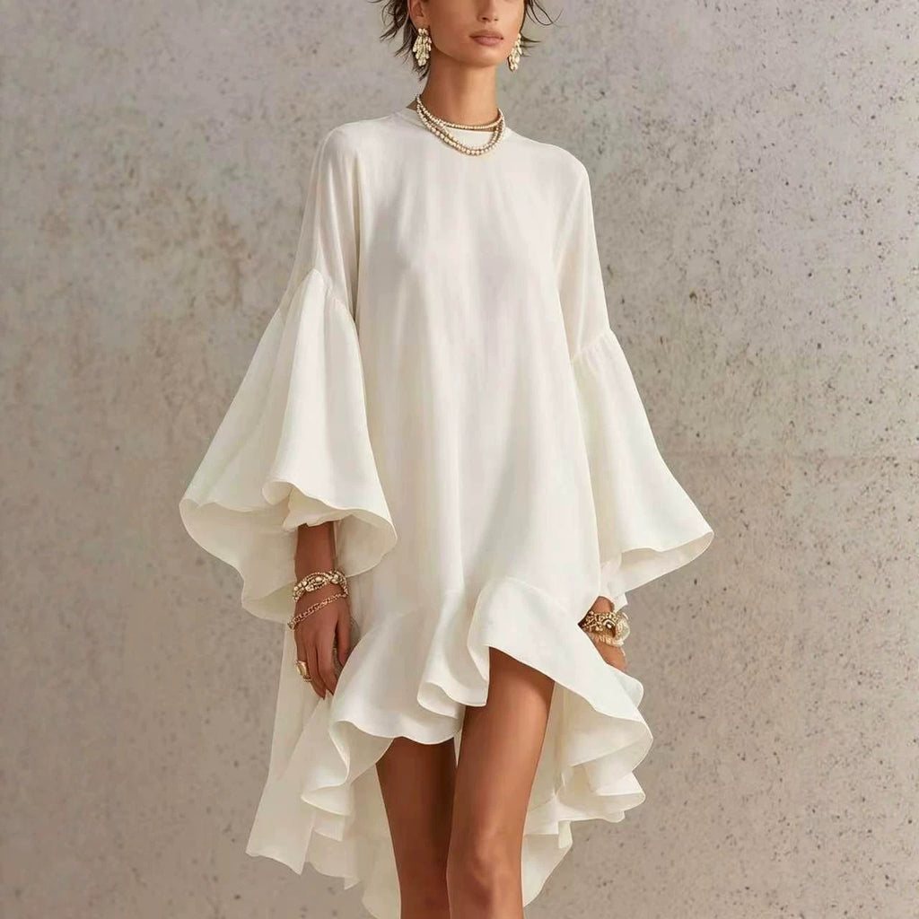 Asymmetrical Round-neck Dress With Puff Sleeves And Ruffled Trim – Premium 0 | RICALOUX