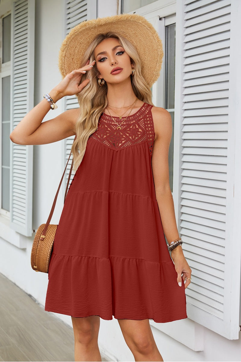 Womens Hollowed-Out Lace-Trimmed Halterneck A-Line Dress by Ricaloux