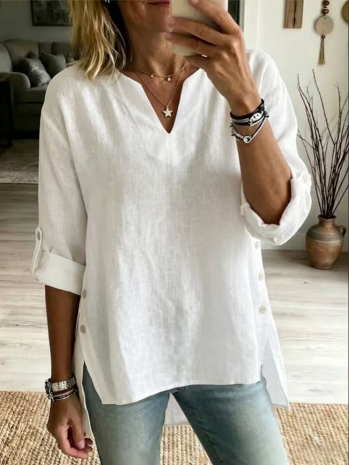Loose Casual V-neck Three-quarter-sleeve T-shirt For Women by Ricaloux