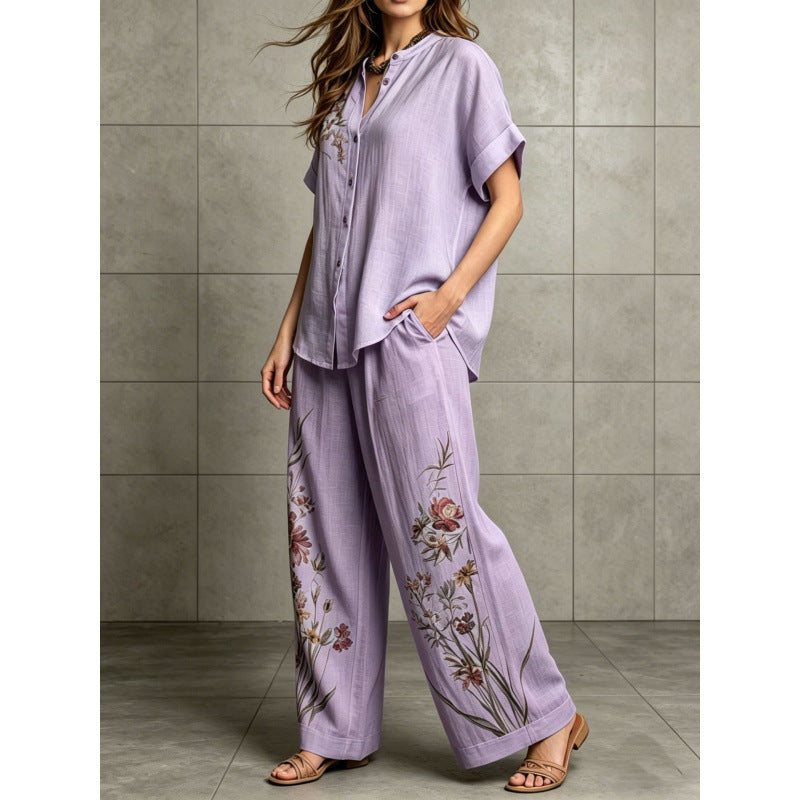 Short-sleeve Top And Wide-leg Pants Casual Two-piece Set by Ricaloux