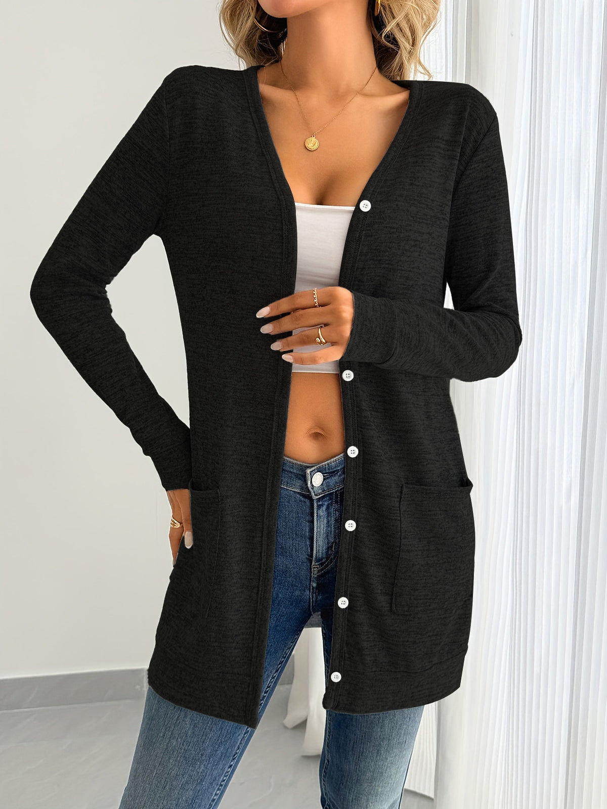 Solid-color Loose-fitting Long-sleeve Cardigan With Pockets – Premium 0 | RICALOUX