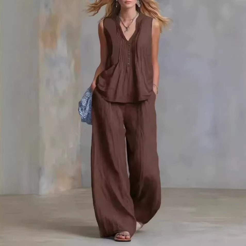 Fashionable Casual Solid-color V-neck Pleated Loose-fit Sleeveless Two-piece Set With Long Pants – Premium 0 | RICALOUX