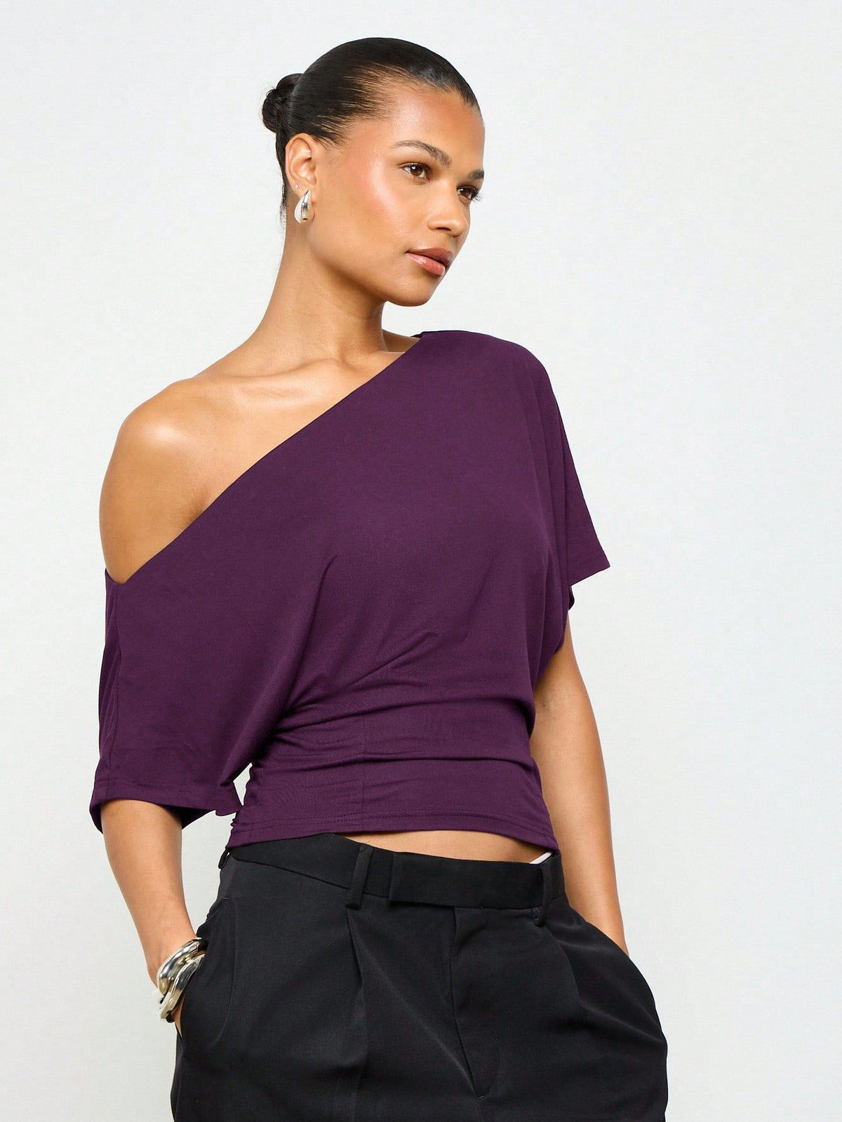 Girl-group-style Off-shoulder Batwing-sleeve Waist-cinching Short-sleeve Top by Ricaloux