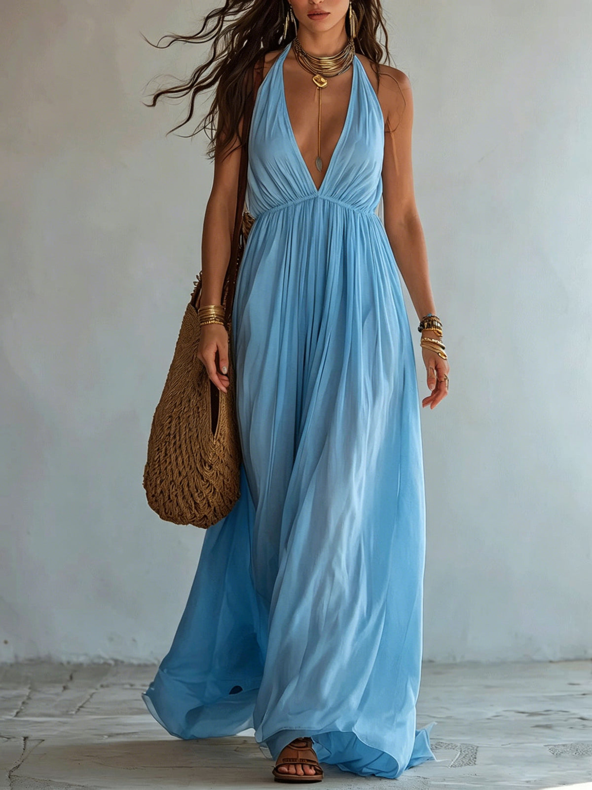 Deep V-neck Halter Backless Dress For Women by Ricaloux