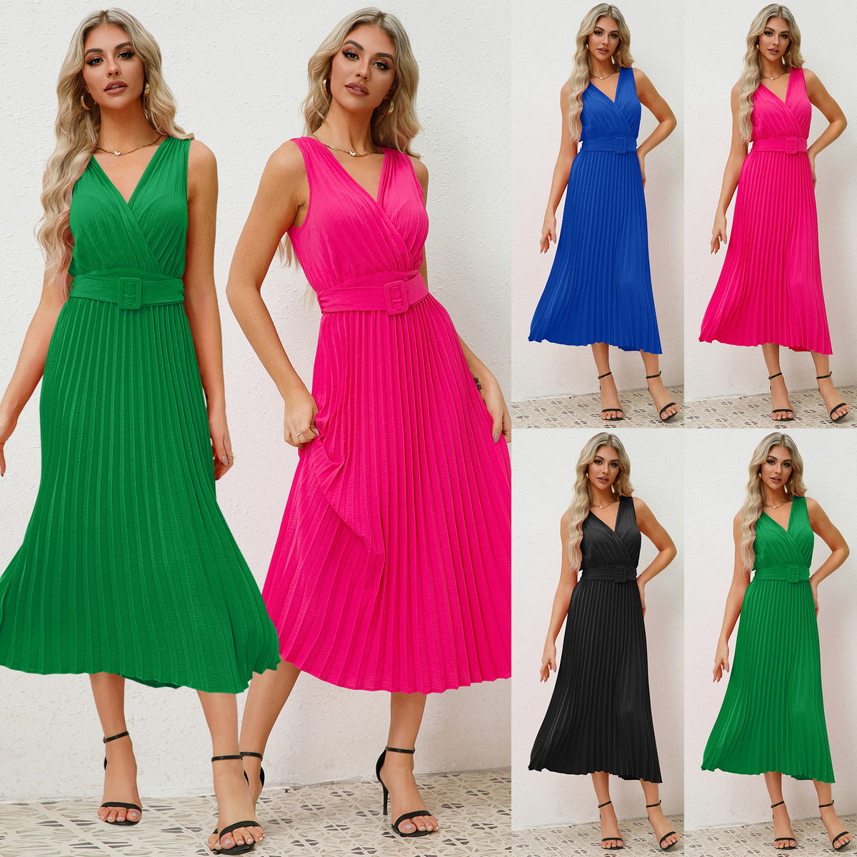 European And American V-neck Pleated Belt Dress - RICALOUX
