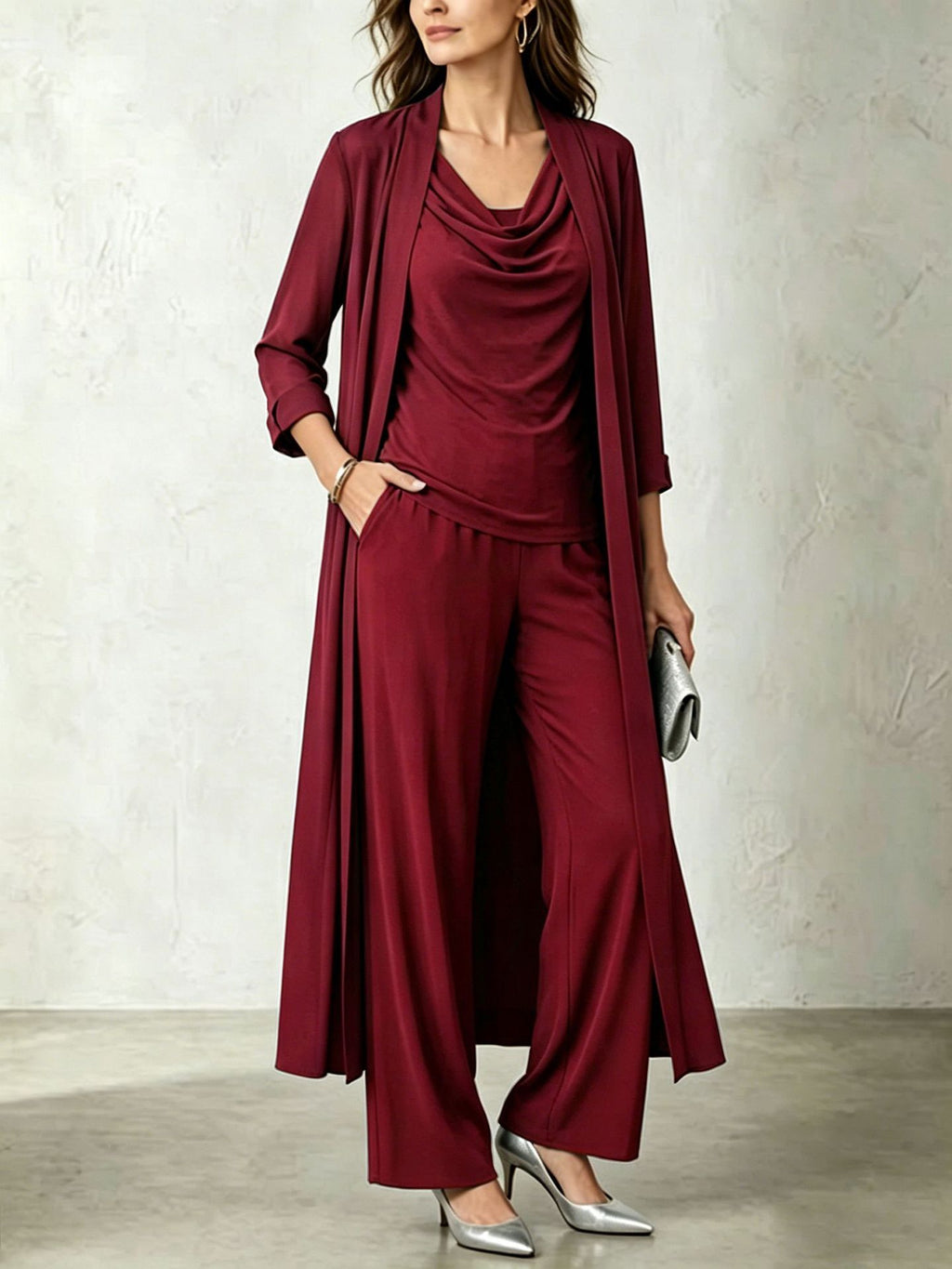Womens Long Cardigan Jacket And Pants Three-piece Set by Ricaloux