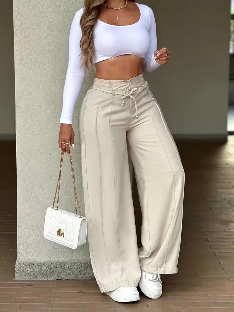 Lace-up Trousers Loose-fit Drawstring Wide-leg Pants With Multiple Pockets by Ricaloux