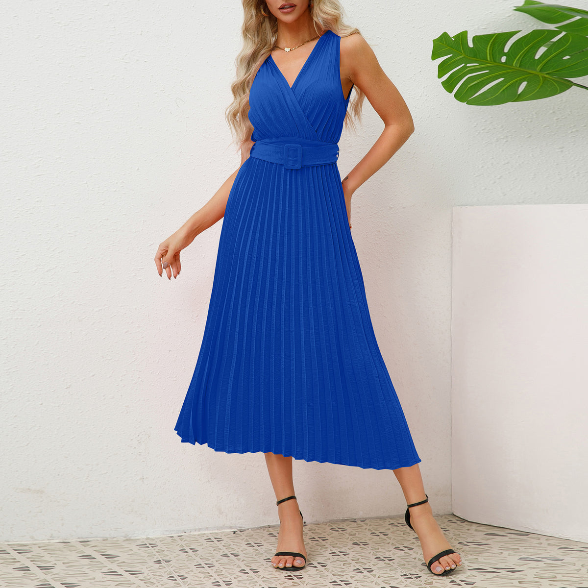European And American V-neck Pleated Belt Dress - RICALOUX