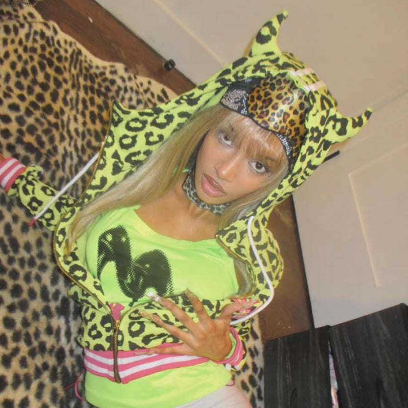 Yellow Leopard-Print Hoodie With Devil Horns For Women – Premium 0 | RICALOUX