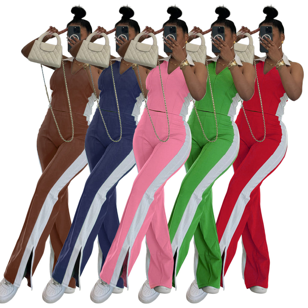 Fashionable Patchwork Color-Block V-Neck Zippered Sleeveless Split-Pant Two-Piece Set by Ricaloux