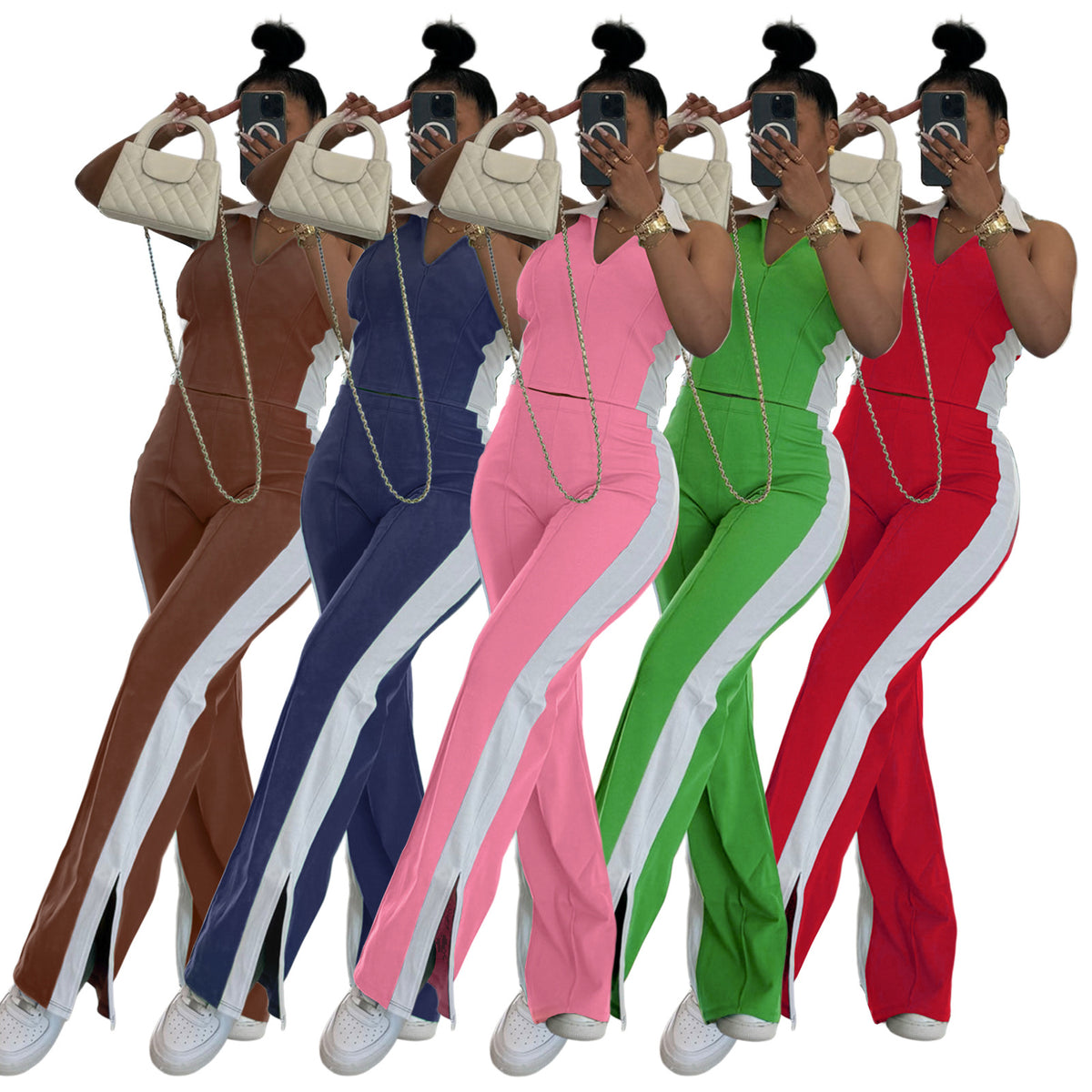 Fashionable Patchwork Color-Block V-Neck Zippered Sleeveless Split-Pant Two-Piece Set by Ricaloux