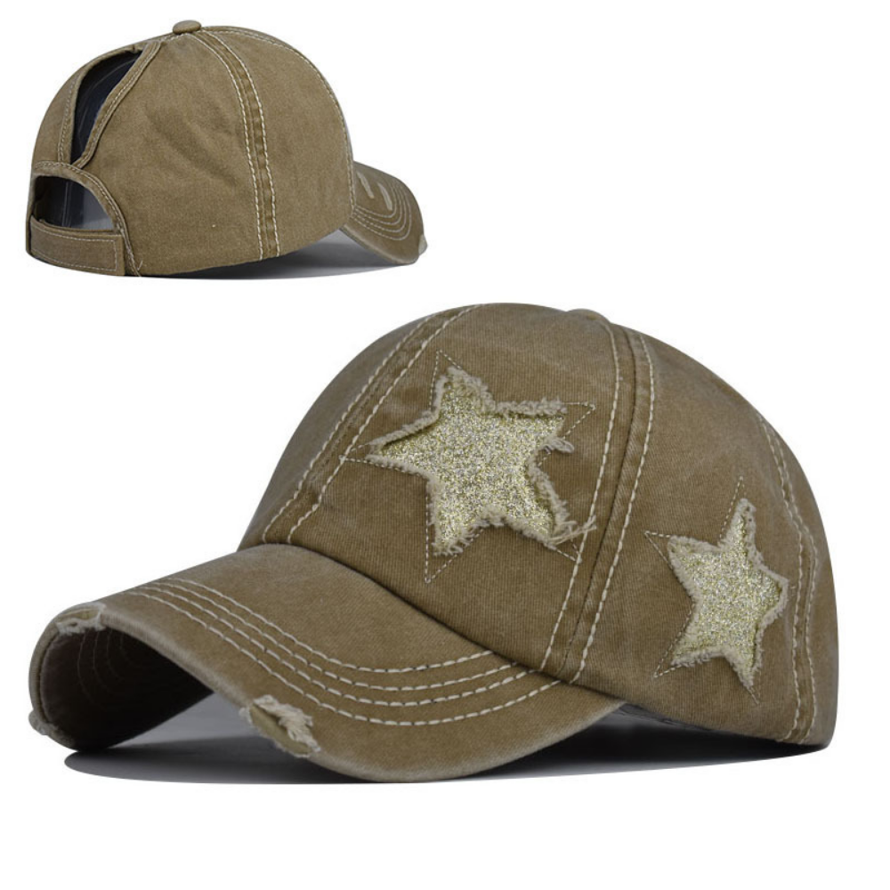 Summer Women's Washed-out Distressed Sequined Five-point Star Baseball Cap For Summer Outings, Sister Gatherings, Trendy Retro Style Hat by Ricaloux