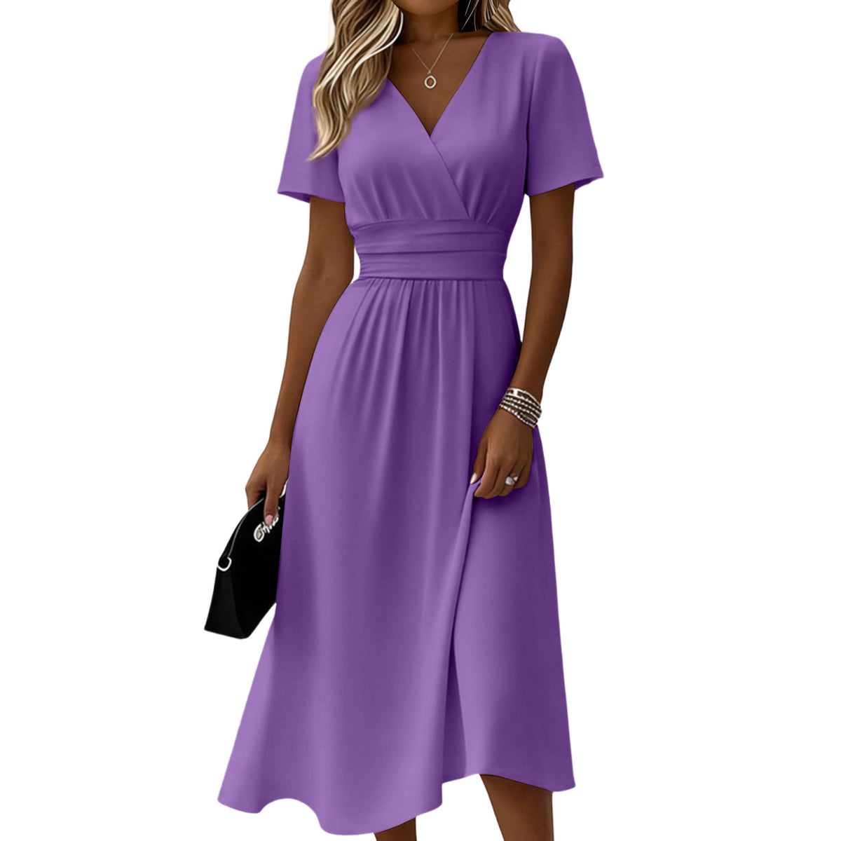 Womens Solid-Color Casual Short-Sleeve V-Neck Dress by Ricaloux