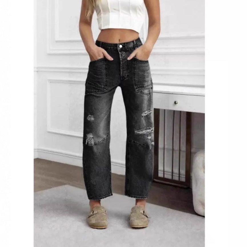 Retro Patchwork Wide Ocketed Distressed Jeans – Premium 0 | RICALOUX