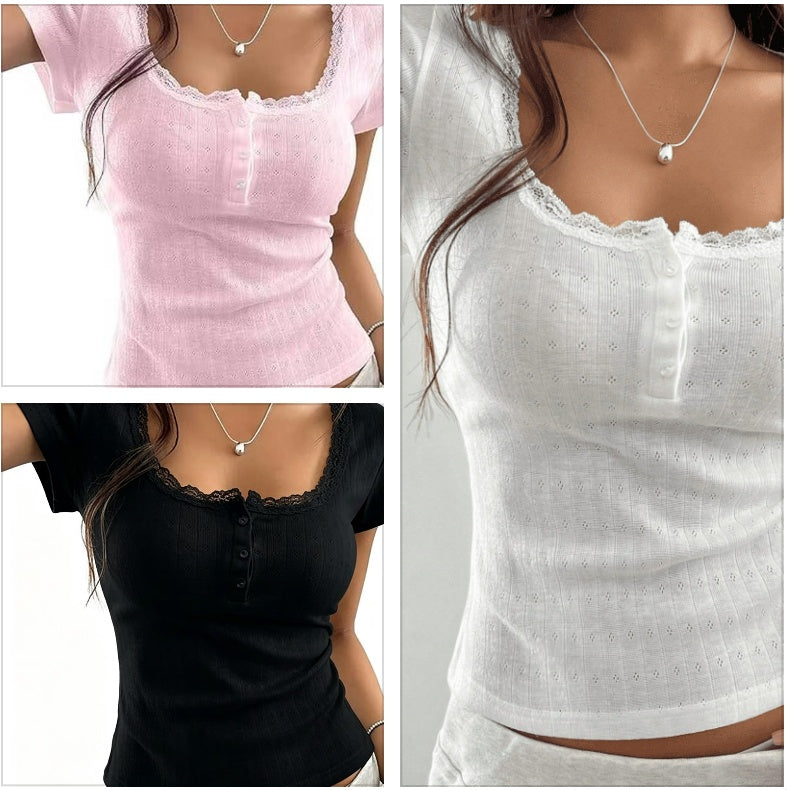 Sexy And Comfortable Cross-border European And American Style Hollowed-out Lace Slim-fit Solid Color Button Short-sleeved Top by Ricaloux