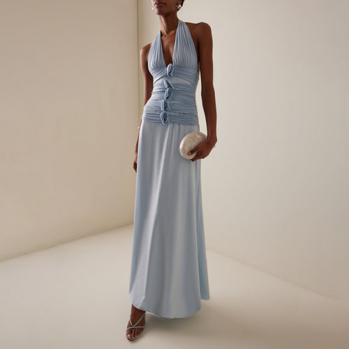 Deep-V Plunging Back Three-dimensional Floral Dress by Ricaloux