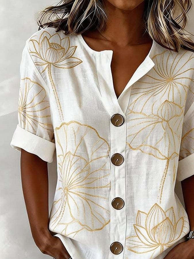 Lantern-sleeve Printed Button-up Womens Blouse by Ricaloux