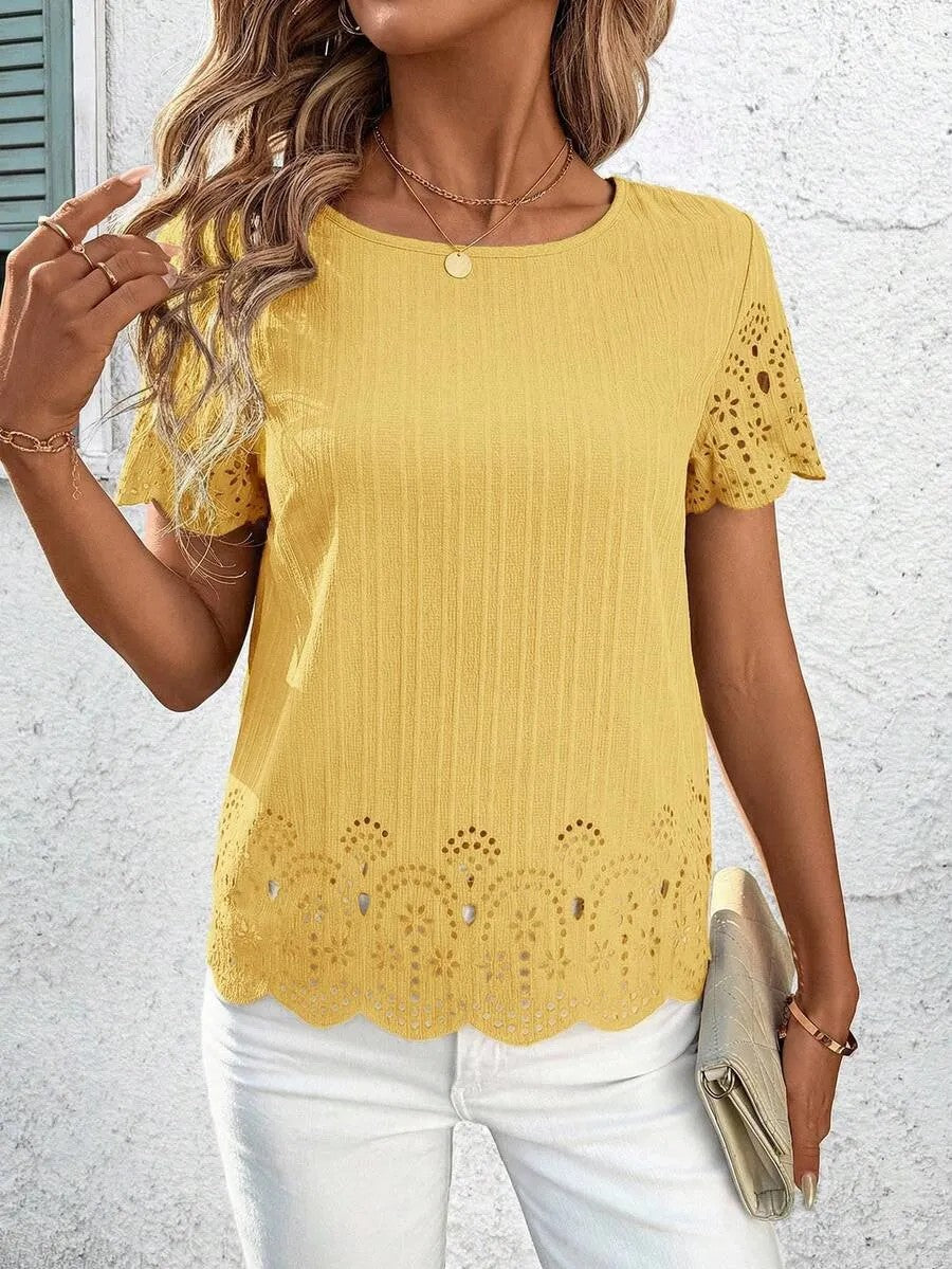 European And American Plus Size Womens Round Neck Hollow Out Short Sleeve Top With Burned Out Floral Design – Premium 0 | RICALOUX