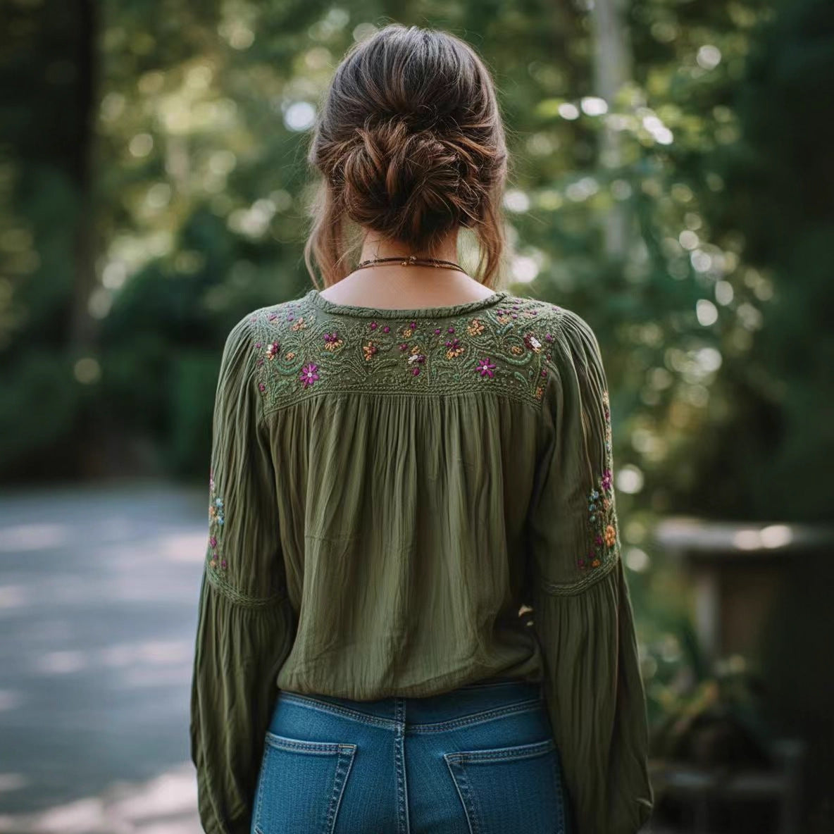 Ethnic-style Embroidered Floral Lantern-sleeve Loose-fitting Top by Ricaloux