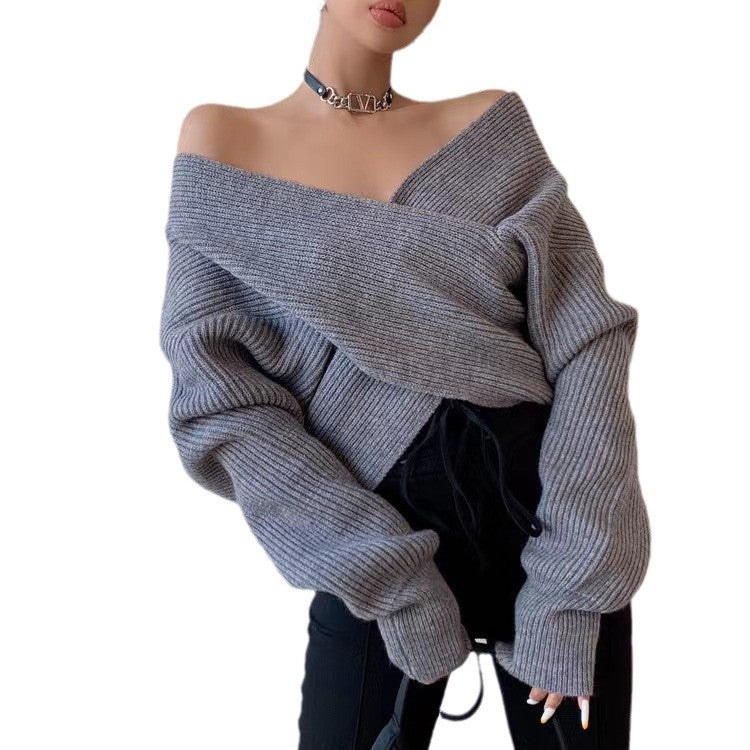 V-neck Solid-color Off-shoulder Knit Pullover For Women – Premium 0 | RICALOUX